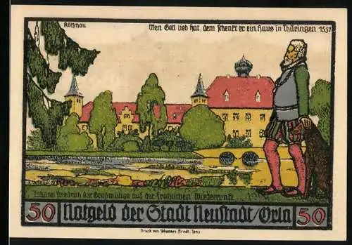 Notgeld Neustadt an der Orla, 1921, 50 Pfennig, Schlossansicht und Handwerkszunft