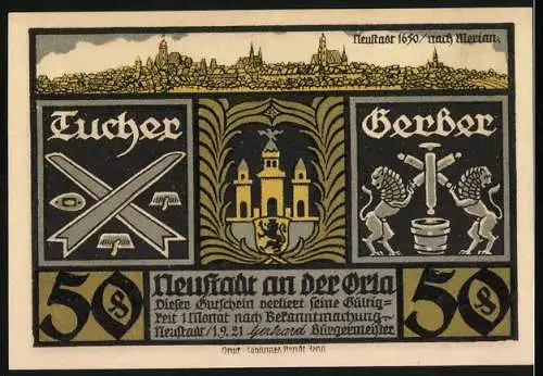 Notgeld Neustadt an der Orla, 1921, 50 Pfennig, Schlossansicht und Handwerkszunft