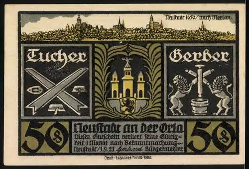 Notgeld Neustadt an der Orla, 1921, 50 Pfennig, Einzug des Markgrafen und Stadtansicht mit Zunftzeichen