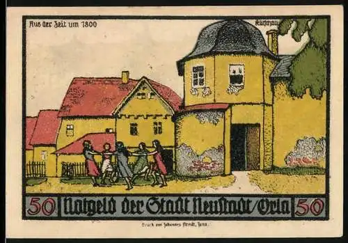 Notgeld Neustadt an der Orla, 1921, 50 Pfennig, historische Stadtansicht und Handwerkerzünfte