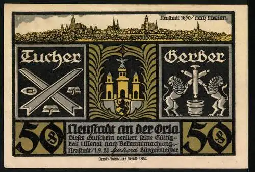 Notgeld Neustadt an der Orla, 1921, 50 Pfennig, historische Stadtansicht und Handwerkerzünfte