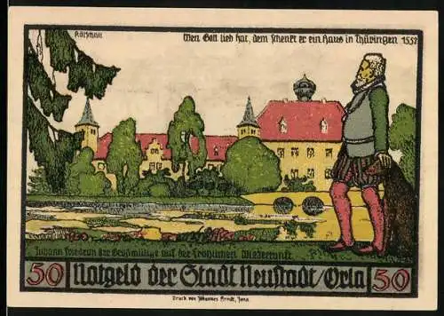 Notgeld Neustadt an der Orla, 1921, 50 Pfennig, Rathaus und Berufe der Stadt, Druck von Johannes Franke, Jena