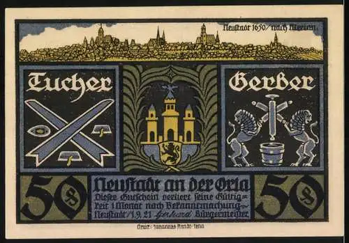 Notgeld Neustadt an der Orla, 1921, 50 Pfennig, Rathaus und Berufe der Stadt, Druck von Johannes Franke, Jena