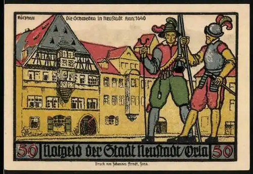 Notgeld Neustadt an der Orla, 1921, 50 Pfennig, Schweden in Neustadt 1640 und Stadtwappen, Tuchherstellung und Gerberei