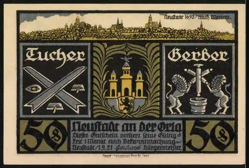 Notgeld Neustadt an der Orla, 1921, 50 Pfennig, Schweden in Neustadt 1640 und Stadtwappen, Tuchherstellung und Gerberei