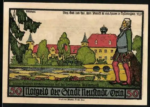 Notgeld Neustadt an der Orla, 1921, 50 Pfennig, Ansicht von Schloss und Zunftzeichen