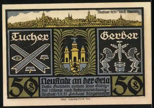 Notgeld Neustadt an der Orla, 1921, 50 Pfennig, Ansicht von Schloss und Zunftzeichen