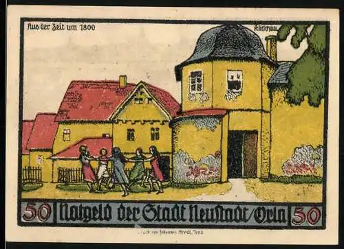 Notgeld Neustadt an der Orla, 1921, 50 Pfennig, Stadtansicht und Handwerker-Symbole