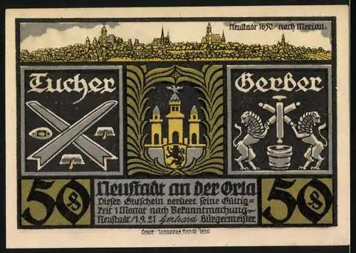 Notgeld Neustadt an der Orla, 1921, 50 Pfennig, Stadtansicht und Handwerker-Symbole