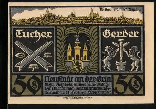 Notgeld Neustadt an der Orla, 1921, 50 Pfennig, Tuchherstellung und Lederverarbeitung, historische Stadtansicht