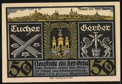 Notgeld Neustadt an der Orla, 1921, 50 Pfennig, Abbildung von historischer Szene und Zunftwappen der Stadt