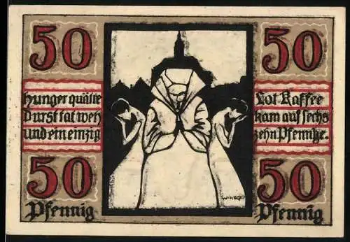 Notgeld Naumburg 1920, 50 Pfennig, Illustration von drei Personen in Roben und Stadtwappen