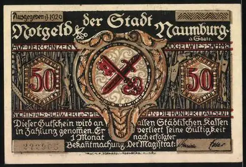 Notgeld Naumburg 1920, 50 Pfennig, Illustration von drei Personen in Roben und Stadtwappen