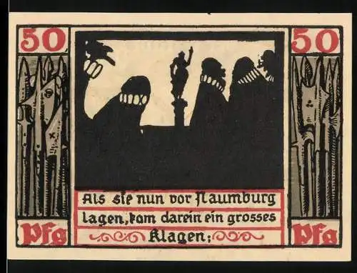 Notgeld Naumburg 1920, 50 Pfennig, Silhouetten von Personen und Stadtwappen, Text und Verzierung