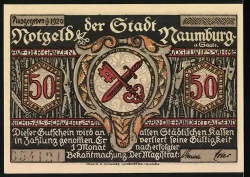 Notgeld Naumburg 1920, 50 Pfennig, Silhouetten von Personen und Stadtwappen, Text und Verzierung