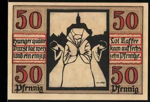 Notgeld Naumburg, 1920, 50 Pfennig, Stadtansicht und Hunger-Thematik