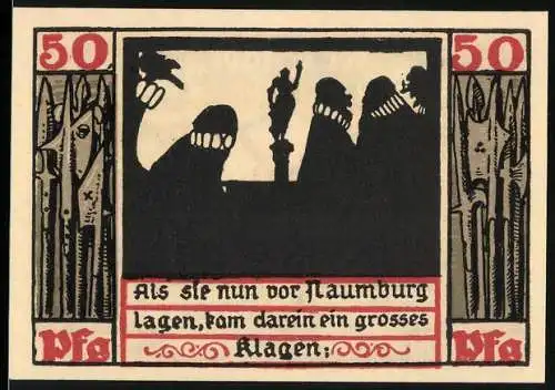 Notgeld Naumburg 1920, 50 Pfennig, Silhouetten und Stadtwappen in dekorativem Design