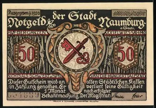 Notgeld Naumburg 1920, 50 Pfennig, Silhouetten und Stadtwappen in dekorativem Design