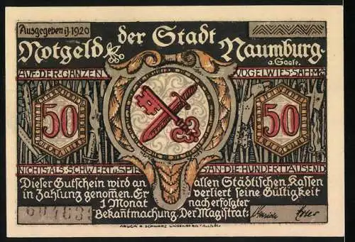 Notgeld Naumburg 1920, 50 Pfennig, Hussitenzug über Jena und Naumburg, Stadtwappen und Gültigkeitshinweis