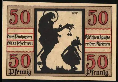 Notgeld Naumburg 1920, 50 Pfennig, Silhouettenmotiv mit Schlüssel und Schwert, Serie K, Ausgabedatum 1.3.1920