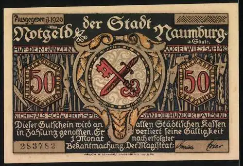 Notgeld Naumburg 1920, 50 Pfennig, Silhouettenmotiv mit Schlüssel und Schwert, Serie K, Ausgabedatum 1.3.1920