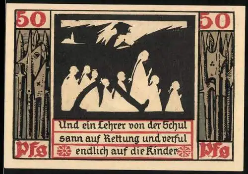 Notgeld Naumburg, 1920, 50 Pfennig, s/w Illustration von Lehrer und Kindern, Wappen mit Schlüsseln und Schwert