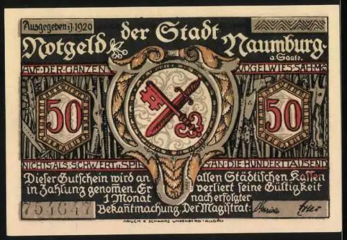 Notgeld Naumburg, 1920, 50 Pfennig, s/w Illustration von Lehrer und Kindern, Wappen mit Schlüsseln und Schwert