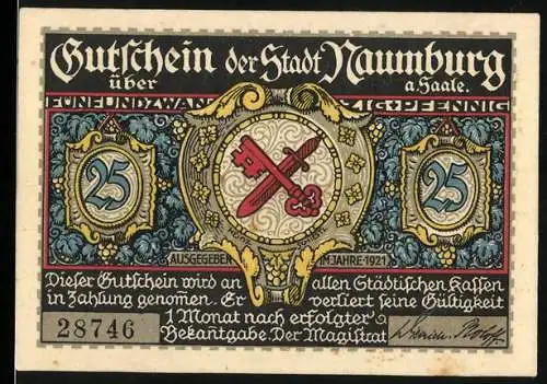 Notgeld Naumburg 1921, 25 Pfennig, Gutschein der Stadt Naumburg a. Saale, Alt-Naumburg das Herrnthor