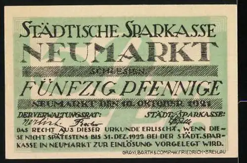 Notgeld Neumarkt / Schlesien 1920, 50 Pfennig, Alt Neumarkt Stadtansicht und Städtische Sparkasse