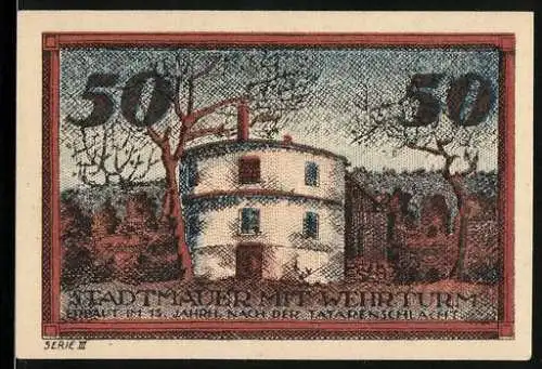 Notgeld Neumarkt / Schlesien, 1921, 50 Pfennig, Stadttheater mit Wehrturm, Städtische Sparkasse Neumarkt