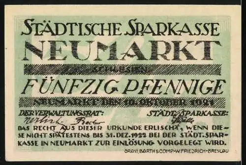 Notgeld Neumarkt / Schlesien, 1921, 50 Pfennig, Stadttheater mit Wehrturm, Städtische Sparkasse Neumarkt