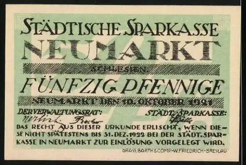 Notgeld Neumarkt / Schlesien, 1921, 50 Pfennig, Städtische Sparkasse Neumarkt, Serie I