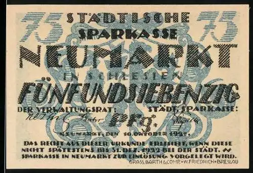 Notgeld Neumarkt 1921, 75 Pfennig, Städtische Sparkasse mit Wappen und Seriennummer