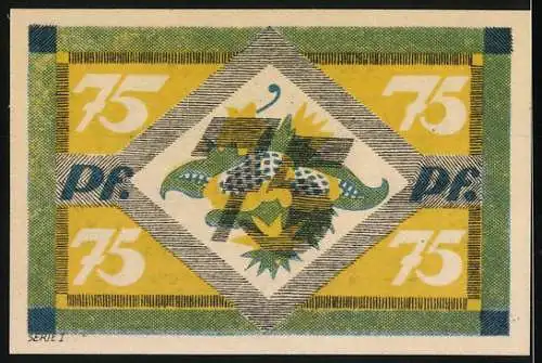 Notgeld Neumarkt 1921, 75 Pfennig, Städtische Sparkasse mit Wappen und Seriennummer