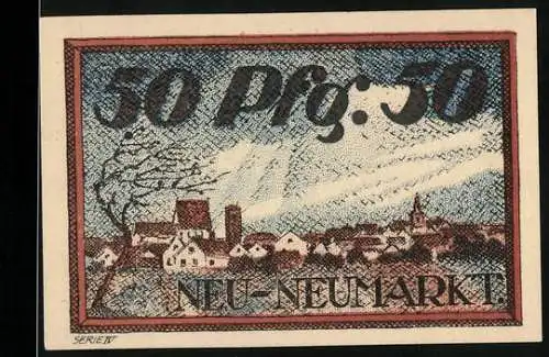 Notgeld Neumarkt, 1921, 50 Pfennig, Landschaft mit Dorfansicht Neu-Neumarkt, Städtische Sparkasse Neumarkt