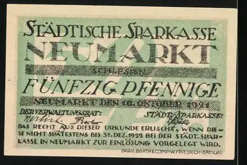 Notgeld Neumarkt, 1921, 50 Pfennig, Landschaft mit Dorfansicht Neu-Neumarkt, Städtische Sparkasse Neumarkt