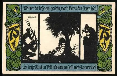 Notgeld Geldern 1921, 75 Pfennig, Stadtwappen und Silhouetten-Illustrationen, Drachen und plattdeutsche Sprüche