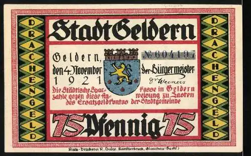 Notgeld Geldern 1921, 75 Pfennig, Stadtwappen und Silhouetten-Illustrationen, Drachen und plattdeutsche Sprüche