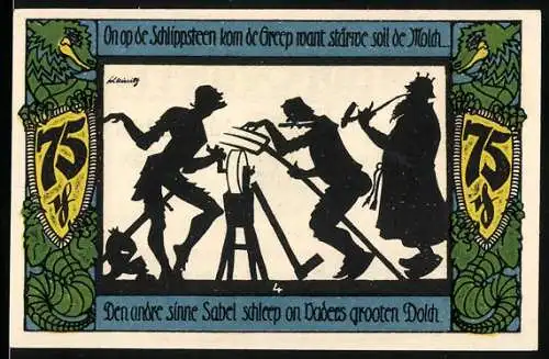 Notgeld Geldern 1921, 75 Pfennig, Silhouetten von Schmiedeszene und Stadtwappen mit Löwe