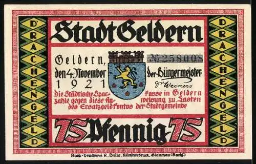 Notgeld Geldern 1921, 75 Pfennig, Silhouetten von Schmiedeszene und Stadtwappen mit Löwe