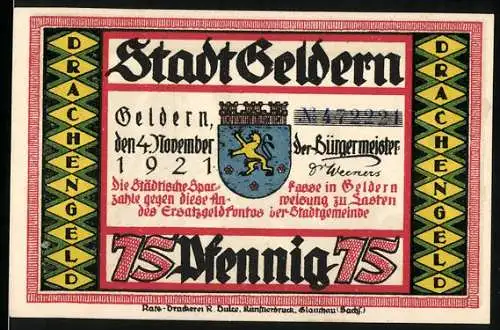 Notgeld Geldern, 1921, 75 Pfennig, Stadtwappen und Drachenmotiv, Kunst von R. Dulz