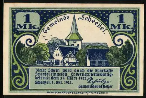 Notgeld Scheessel, 1921, 1 Mark, Kirche und Trachtenfrau