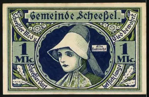 Notgeld Scheessel, 1921, 1 Mark, Kirche und Trachtenfrau