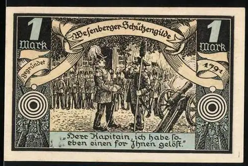 Notgeld Wesenberg 1921, 1 Mark, Vorderseite Schützengilde Szene, Rückseite Stadtwappen und Gültigkeitsdatum