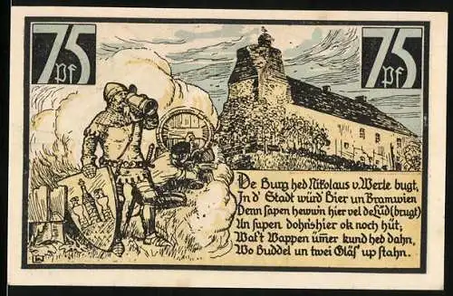 Notgeld Wesenberg 1921, 75 Pfennig, Illustration von Burg und Rittern, farbiger Druck