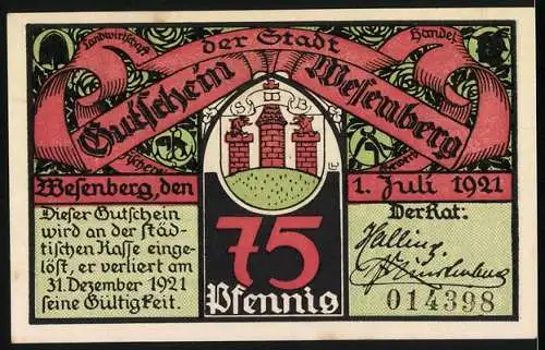 Notgeld Wesenberg 1921, 75 Pfennig, Illustration von Burg und Rittern, farbiger Druck