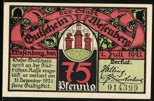 Notgeld Wesenberg, 1921, 75 Pfennig, Stadtgutschein mit Burg und Ritter, handschriftlich signiert