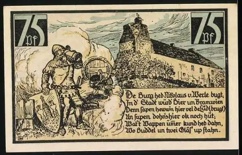 Notgeld Wesenberg, 1921, 75 Pfennig, Stadtgutschein mit Burg und Ritter, handschriftlich signiert