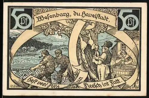 Notgeld Wesenberg, 1921, 50 Pfennig, Stadtansicht und landwirtschaftliche Szenen, gültig bis 31. Dezember 1921