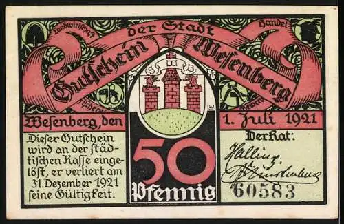 Notgeld Wesenberg, 1921, 50 Pfennig, Stadtansicht und landwirtschaftliche Szenen, gültig bis 31. Dezember 1921